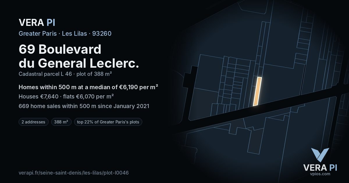 69 Boulevard du General Leclerc, Les Lilas at night – the plot lit, the parcels around coloured by the prices near them