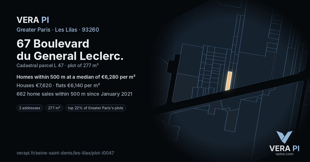 67 Boulevard du General Leclerc, Les Lilas at night – the plot lit, the parcels around coloured by the prices near them