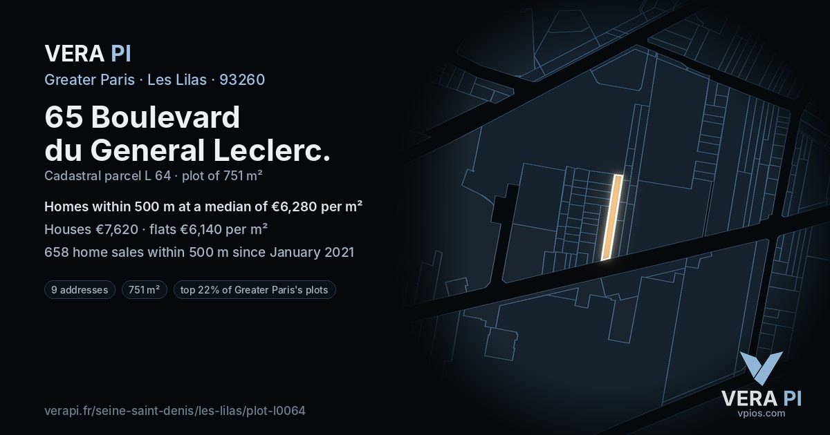 65 Boulevard du General Leclerc, Les Lilas at night – the plot lit, the parcels around coloured by the prices near them