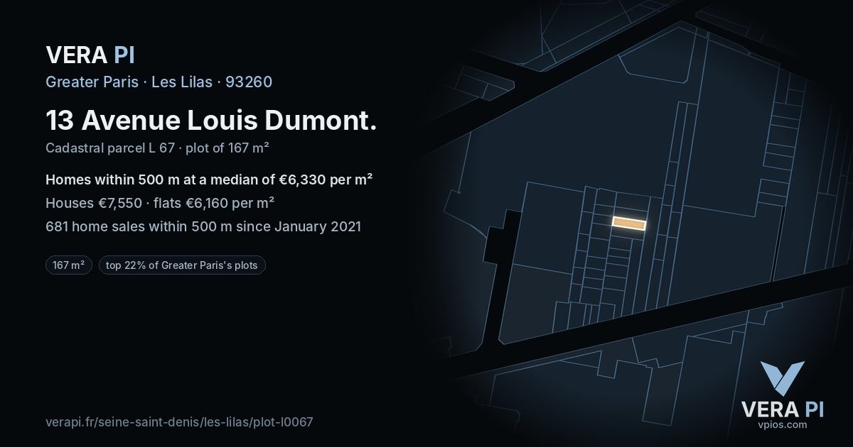 13 Avenue Louis Dumont, Les Lilas at night – the plot lit, the parcels around coloured by the prices near them
