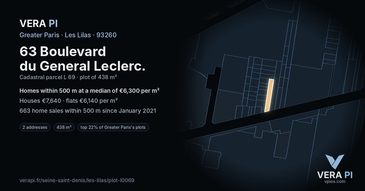 63 Boulevard du General Leclerc, Les Lilas at night – the plot lit, the parcels around coloured by the prices near them