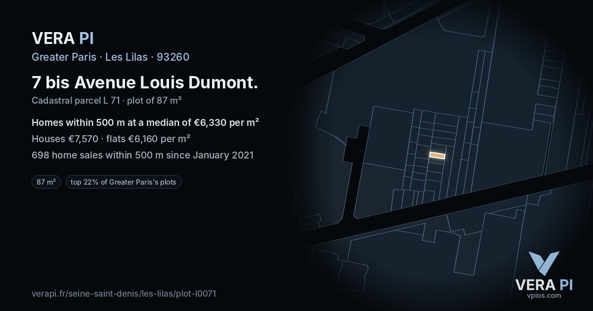 7 bis Avenue Louis Dumont, Les Lilas at night – the plot lit, the parcels around coloured by the prices near them