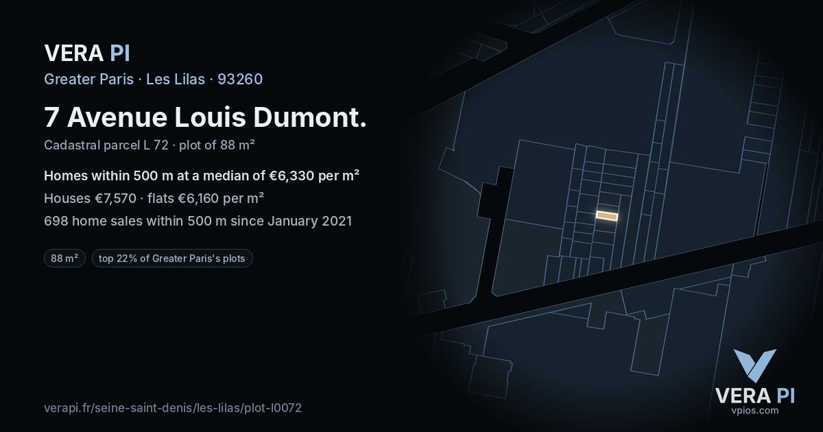 7 Avenue Louis Dumont, Les Lilas at night – the plot lit, the parcels around coloured by the prices near them
