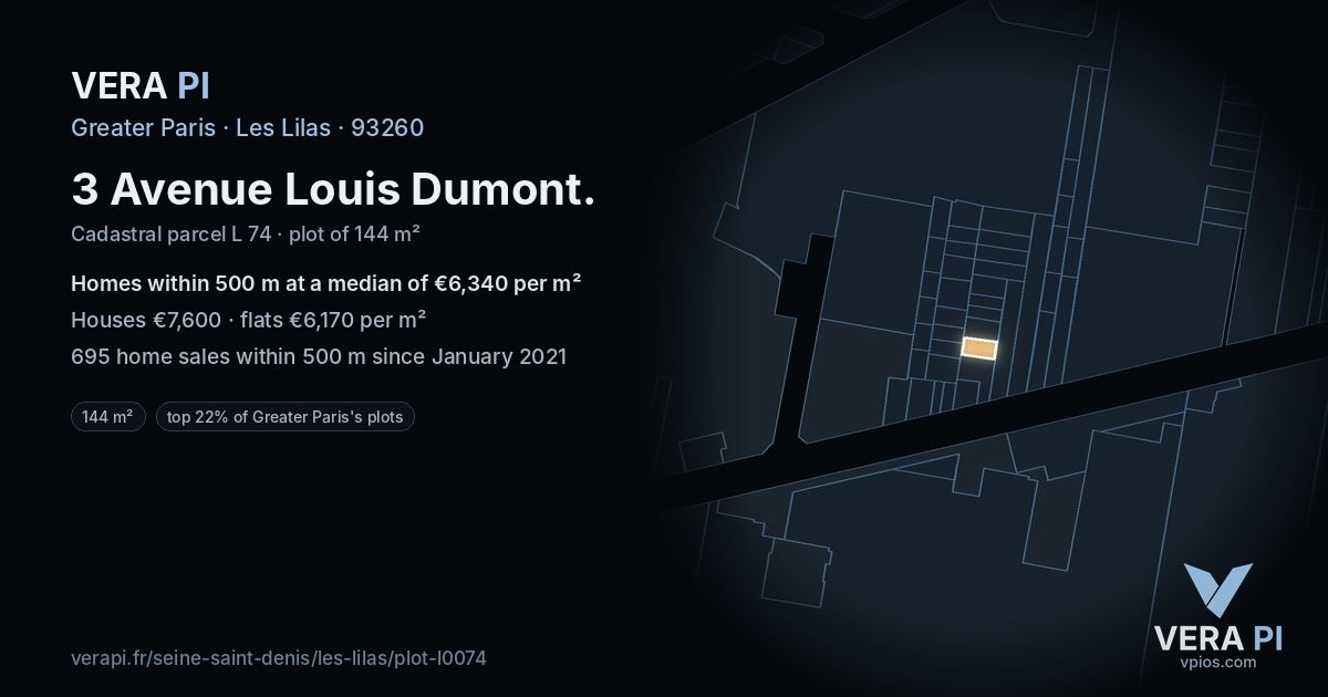 3 Avenue Louis Dumont, Les Lilas at night – the plot lit, the parcels around coloured by the prices near them