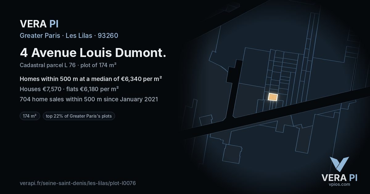 4 Avenue Louis Dumont, Les Lilas at night – the plot lit, the parcels around coloured by the prices near them