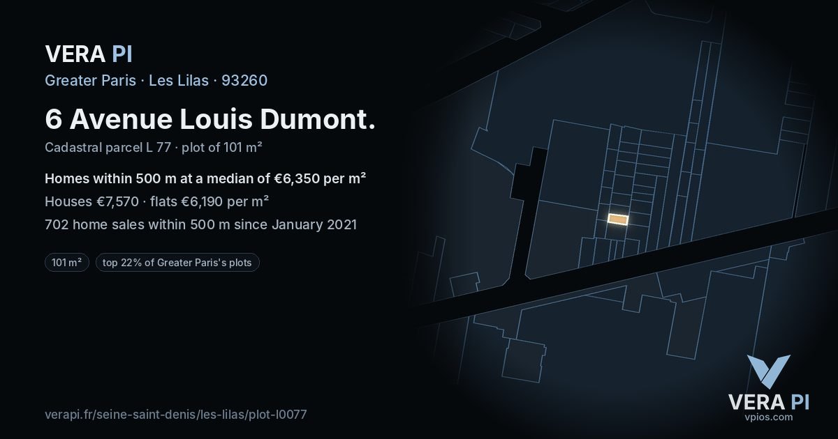 6 Avenue Louis Dumont, Les Lilas at night – the plot lit, the parcels around coloured by the prices near them