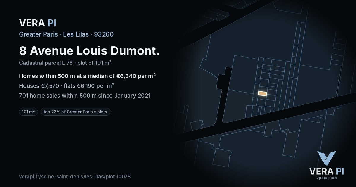8 Avenue Louis Dumont, Les Lilas at night – the plot lit, the parcels around coloured by the prices near them