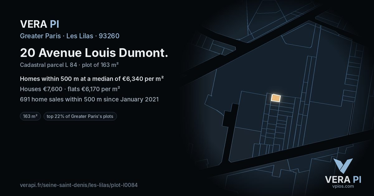 20 Avenue Louis Dumont, Les Lilas at night – the plot lit, the parcels around coloured by the prices near them
