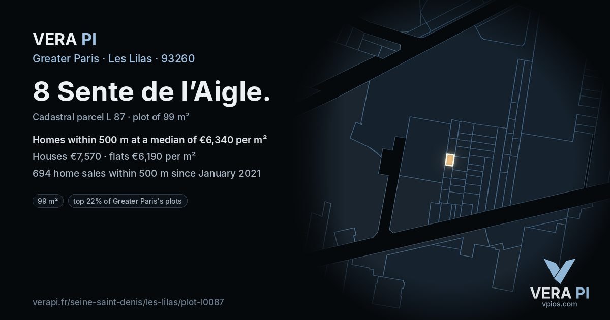 8 Sente de l’Aigle, Les Lilas at night – the plot lit, the parcels around coloured by the prices near them