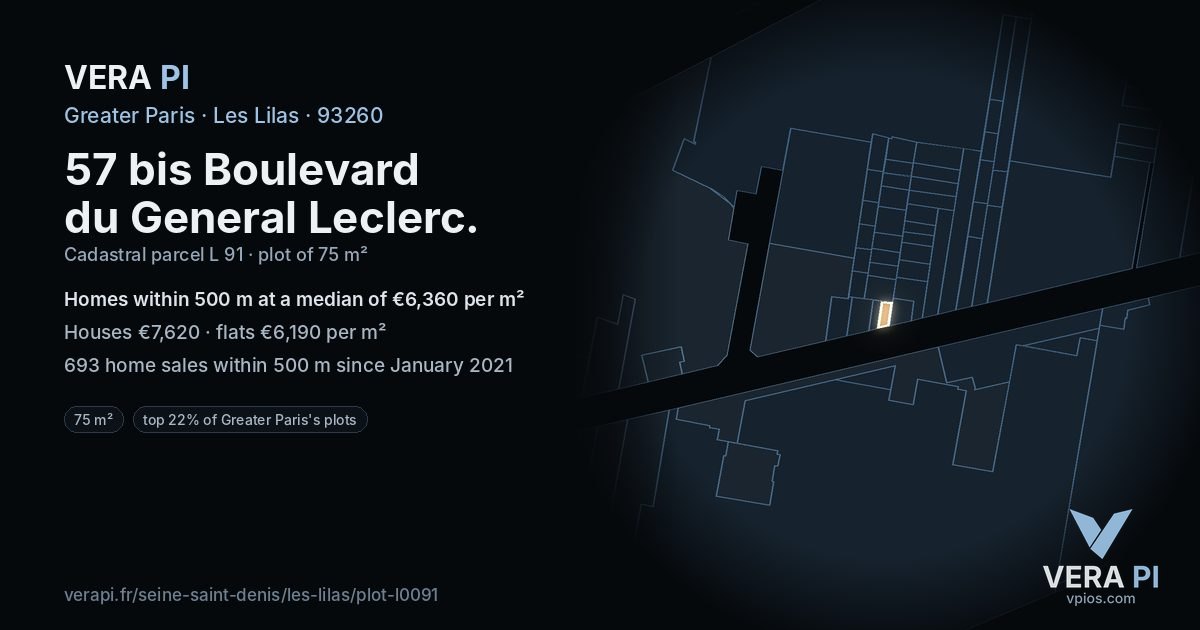 57 bis Boulevard du General Leclerc, Les Lilas at night – the plot lit, the parcels around coloured by the prices near them