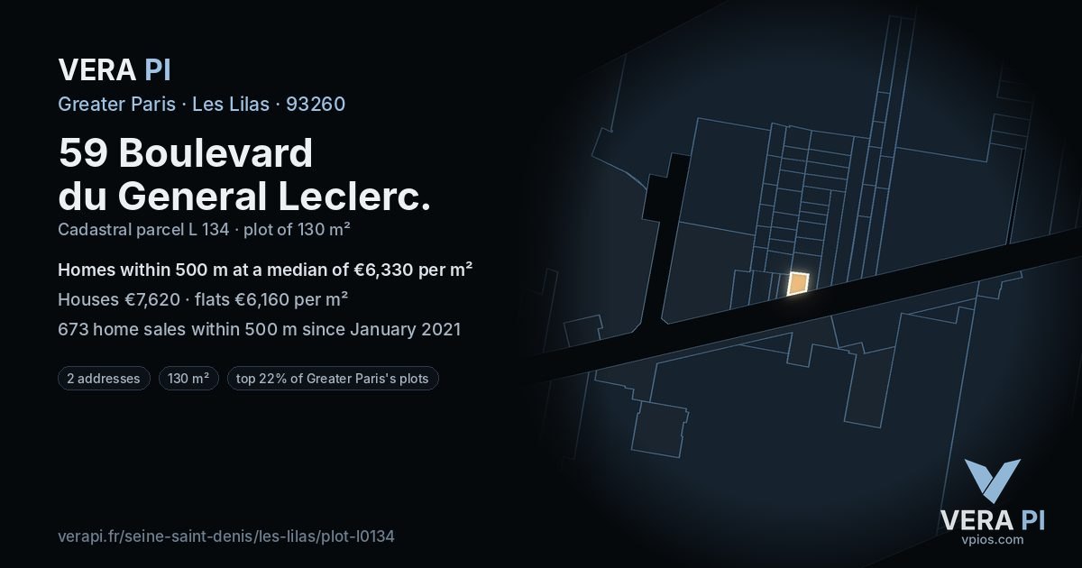 59 Boulevard du General Leclerc, Les Lilas at night – the plot lit, the parcels around coloured by the prices near them