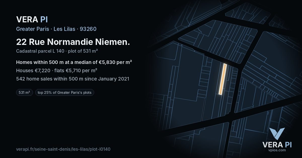 22 Rue Normandie Niemen, Les Lilas at night – the plot lit, the parcels around coloured by the prices near them