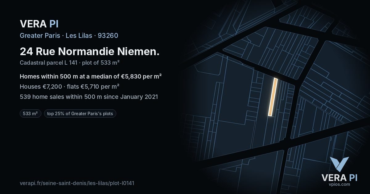 24 Rue Normandie Niemen, Les Lilas at night – the plot lit, the parcels around coloured by the prices near them