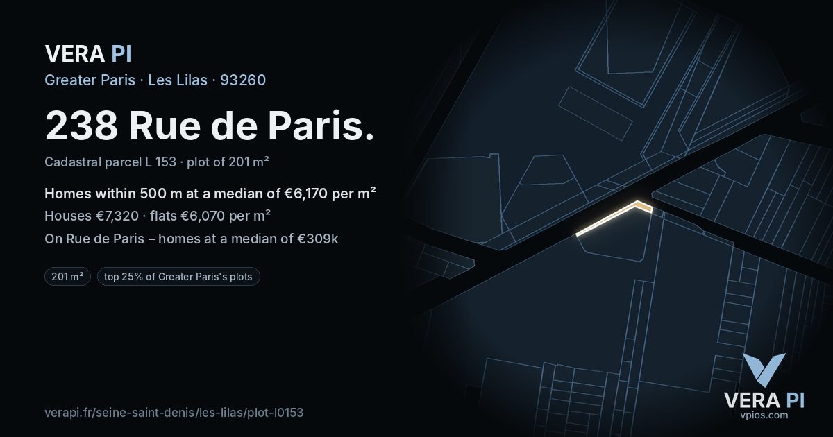 238 Rue de Paris, Les Lilas at night – the plot lit, the parcels around coloured by the prices near them
