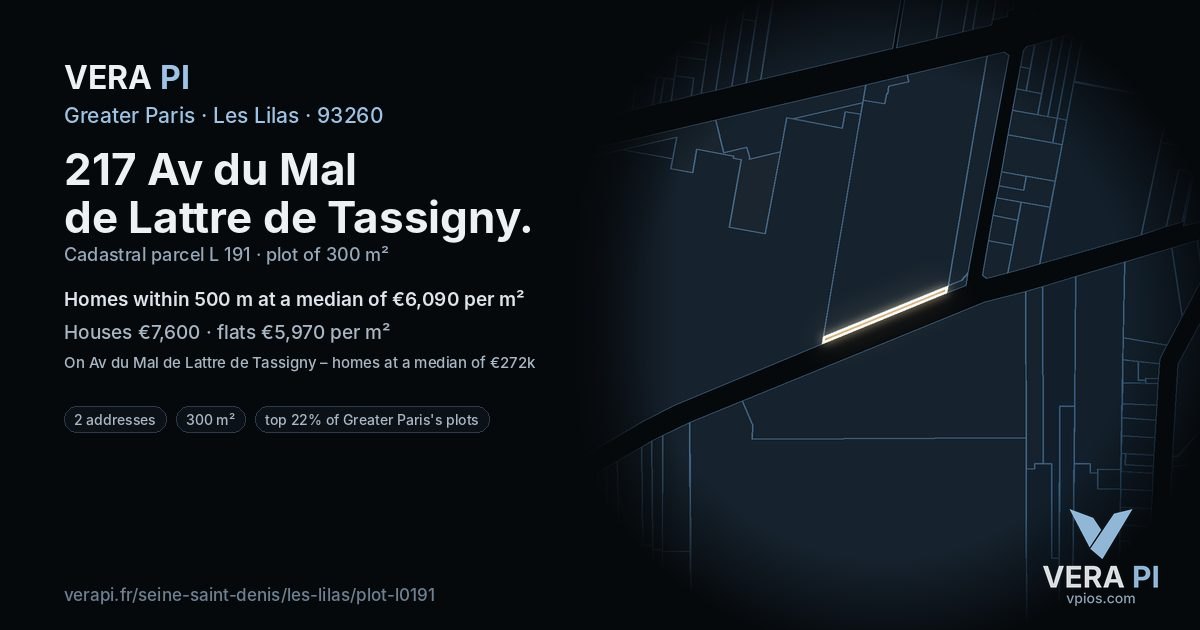 217 Av du Mal de Lattre de Tassigny, Les Lilas at night – the plot lit, the parcels around coloured by the prices near them