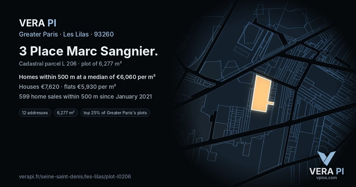 3 Place Marc Sangnier, Les Lilas at night – the plot lit, the parcels around coloured by the prices near them