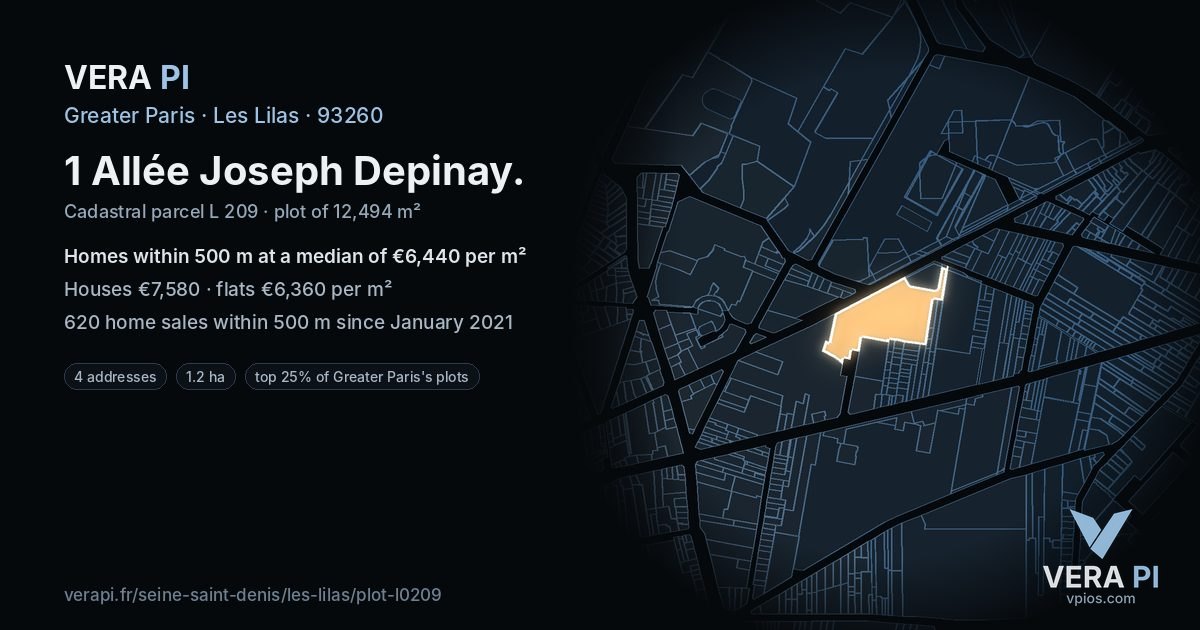 1 Allée Joseph Depinay, Les Lilas at night – the plot lit, the parcels around coloured by the prices near them