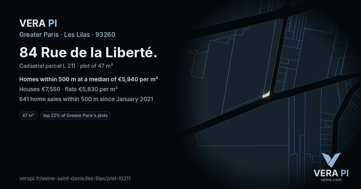 84 Rue de la Liberté, Les Lilas at night – the plot lit, the parcels around coloured by the prices near them
