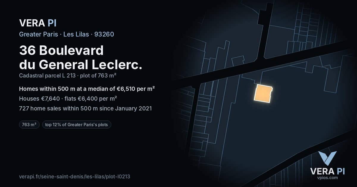 36 Boulevard du General Leclerc, Les Lilas at night – the plot lit, the parcels around coloured by the prices near them