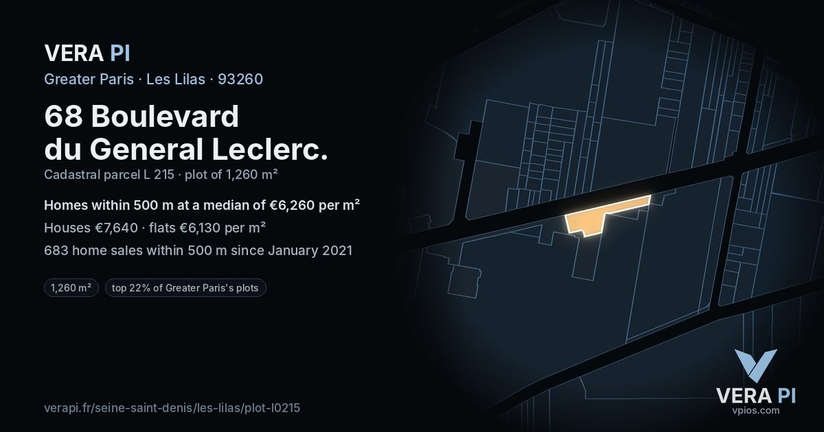 68 Boulevard du General Leclerc, Les Lilas at night – the plot lit, the parcels around coloured by the prices near them