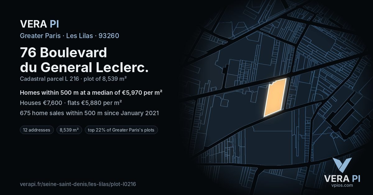 76 Boulevard du General Leclerc, Les Lilas at night – the plot lit, the parcels around coloured by the prices near them