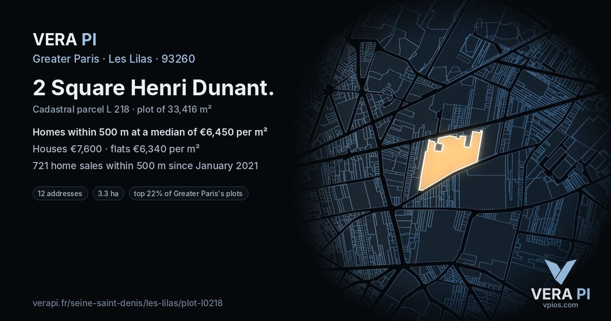 2 Square Henri Dunant, Les Lilas at night – the plot lit, the parcels around coloured by the prices near them