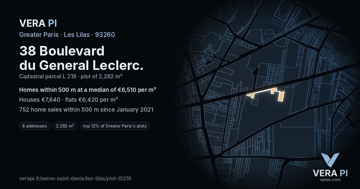 38 Boulevard du General Leclerc, Les Lilas at night – the plot lit, the parcels around coloured by the prices near them