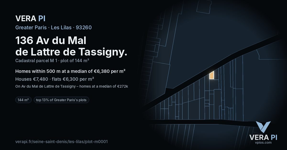 136 Av du Mal de Lattre de Tassigny, Les Lilas at night – the plot lit, the parcels around coloured by the prices near them