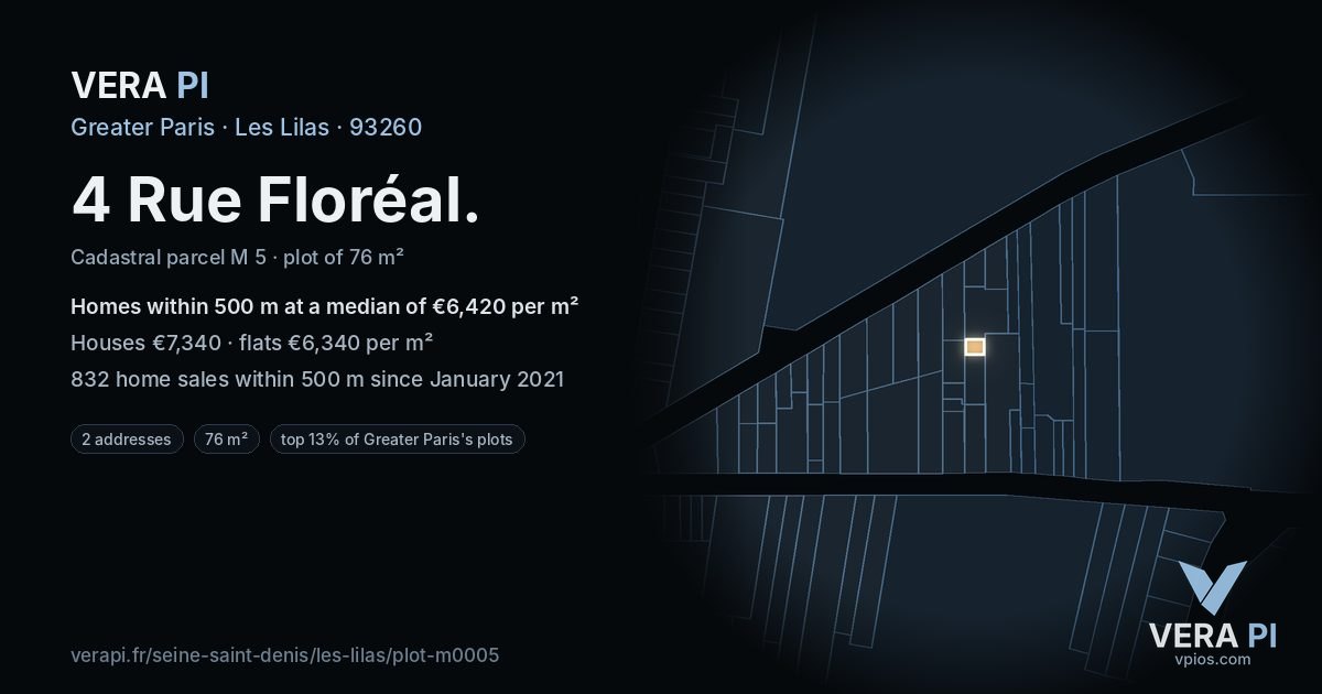 4 Rue Floréal, Les Lilas at night – the plot lit, the parcels around coloured by the prices near them