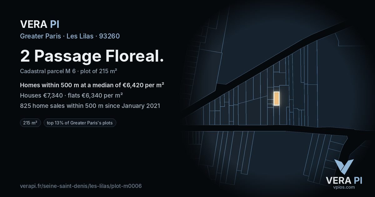 2 Passage Floreal, Les Lilas at night – the plot lit, the parcels around coloured by the prices near them