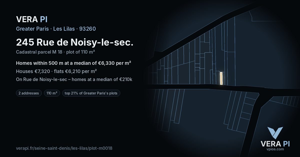 245 Rue de Noisy-le-sec, Les Lilas at night – the plot lit, the parcels around coloured by the prices near them