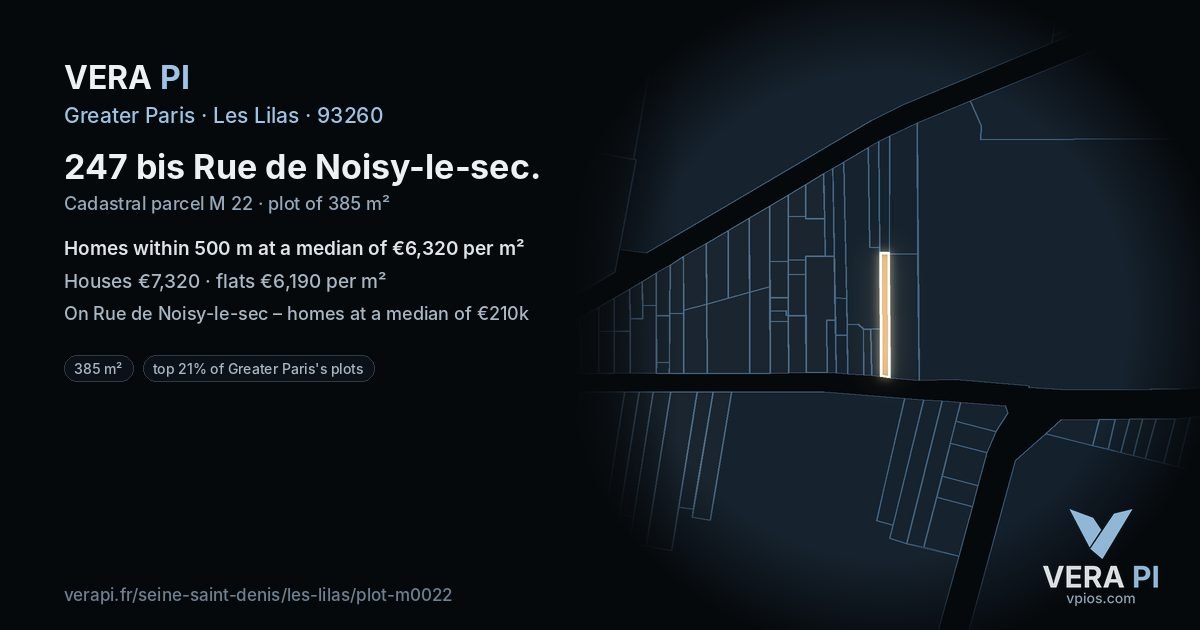 247 bis Rue de Noisy-le-sec, Les Lilas at night – the plot lit, the parcels around coloured by the prices near them