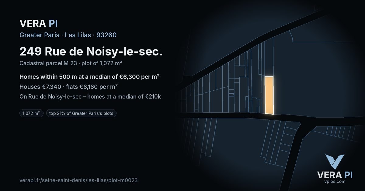 249 Rue de Noisy-le-sec, Les Lilas at night – the plot lit, the parcels around coloured by the prices near them