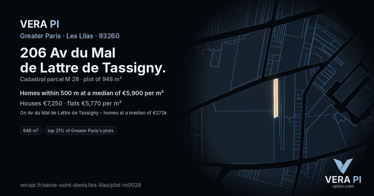 206 Av du Mal de Lattre de Tassigny, Les Lilas at night – the plot lit, the parcels around coloured by the prices near them