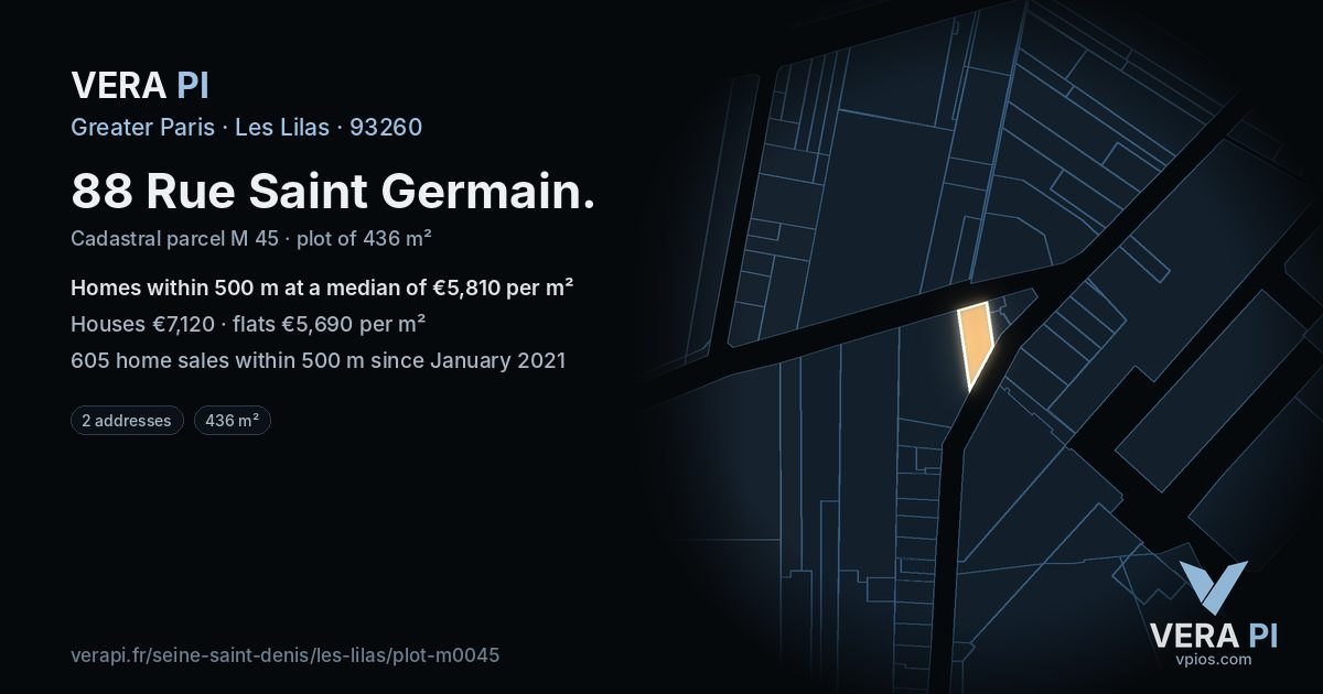 88 Rue Saint Germain, Les Lilas at night – the plot lit, the parcels around coloured by the prices near them