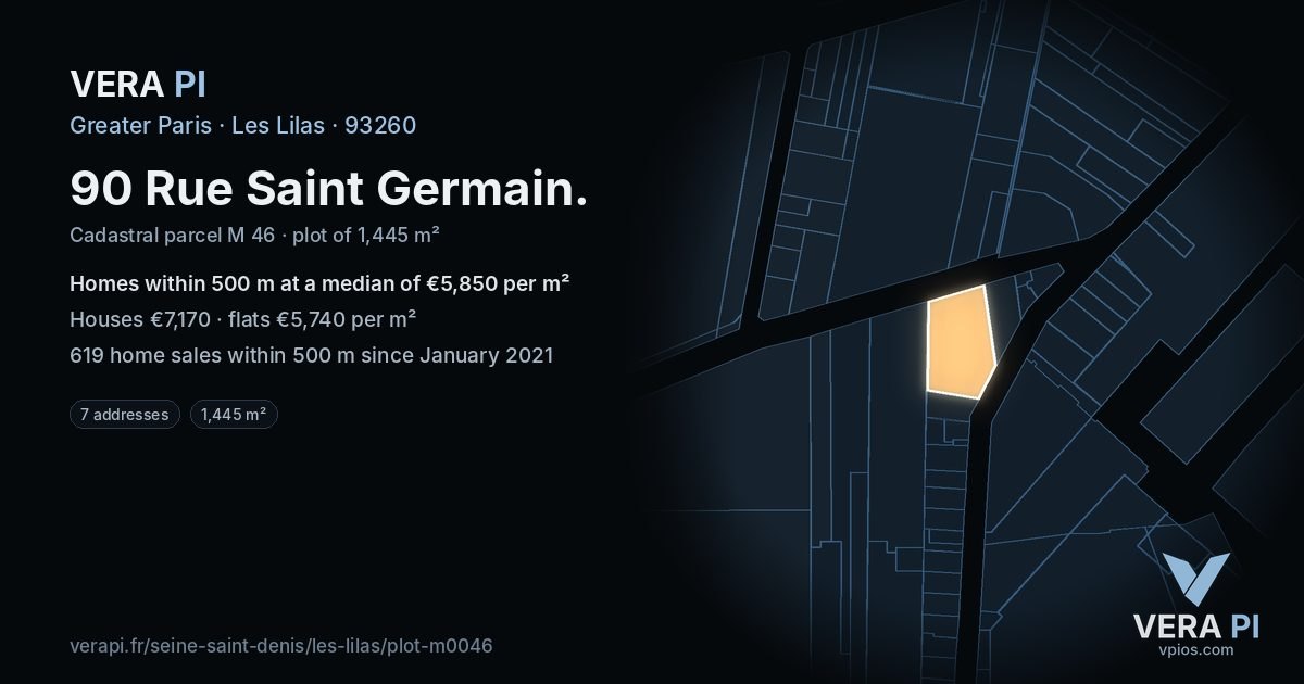 90 Rue Saint Germain, Les Lilas at night – the plot lit, the parcels around coloured by the prices near them