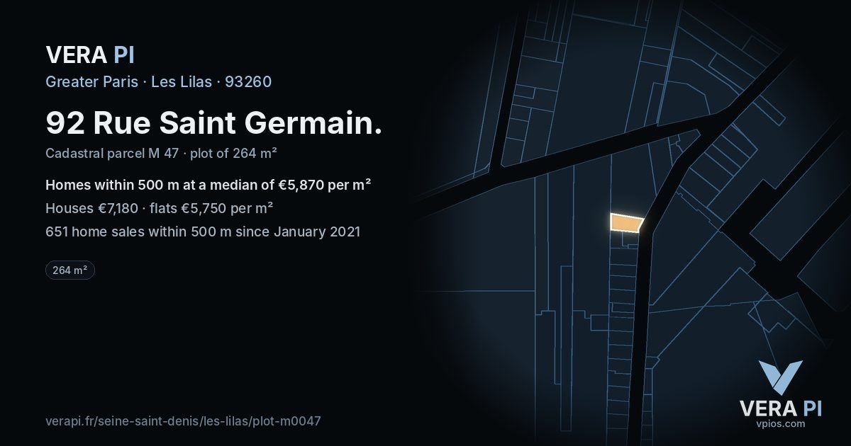 92 Rue Saint Germain, Les Lilas at night – the plot lit, the parcels around coloured by the prices near them