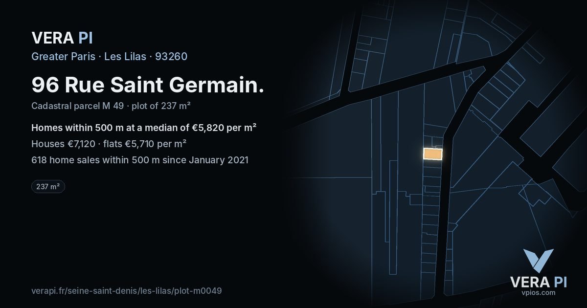 96 Rue Saint Germain, Les Lilas at night – the plot lit, the parcels around coloured by the prices near them
