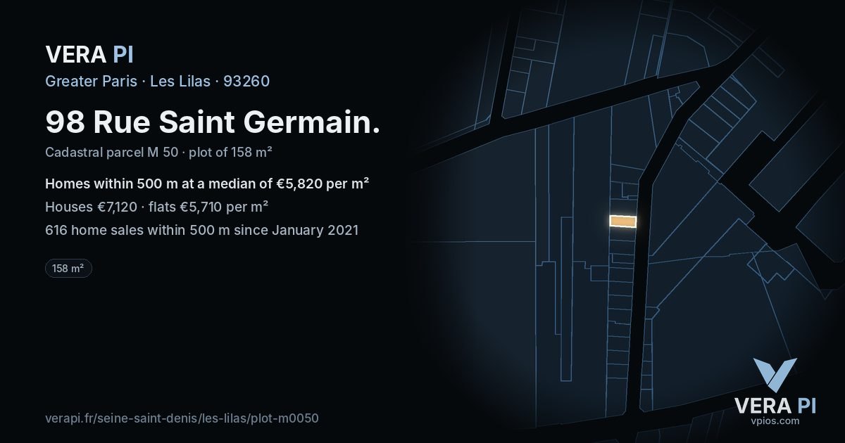 98 Rue Saint Germain, Les Lilas at night – the plot lit, the parcels around coloured by the prices near them