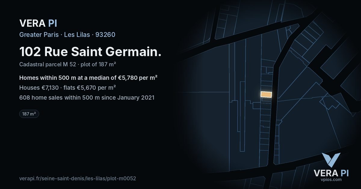 102 Rue Saint Germain, Les Lilas at night – the plot lit, the parcels around coloured by the prices near them