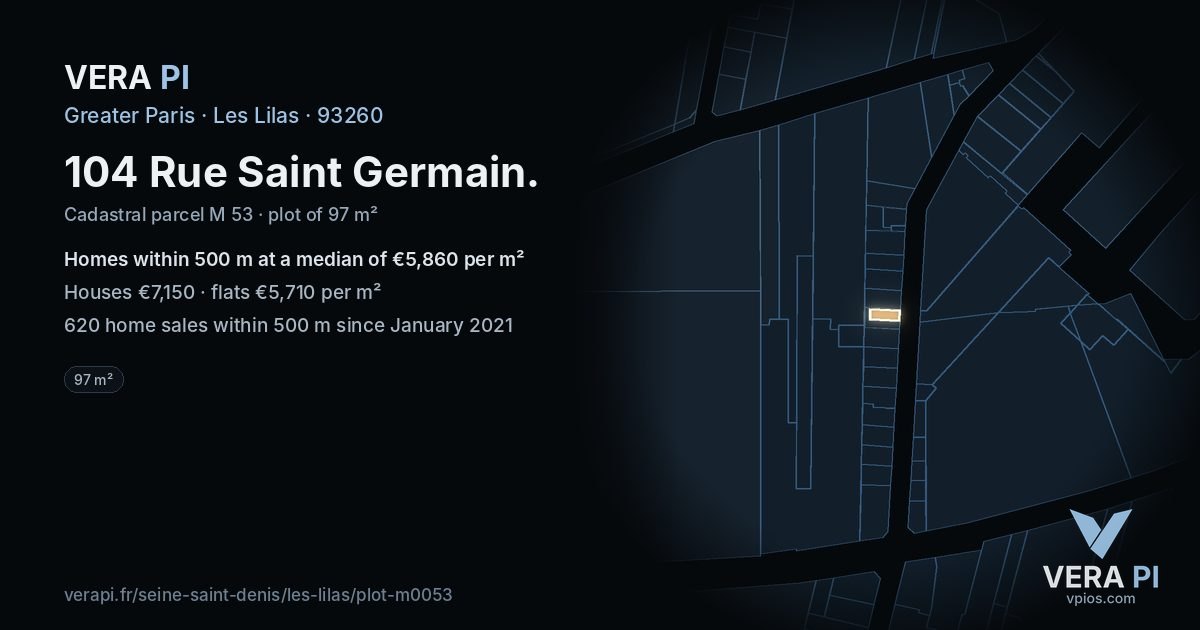 104 Rue Saint Germain, Les Lilas at night – the plot lit, the parcels around coloured by the prices near them