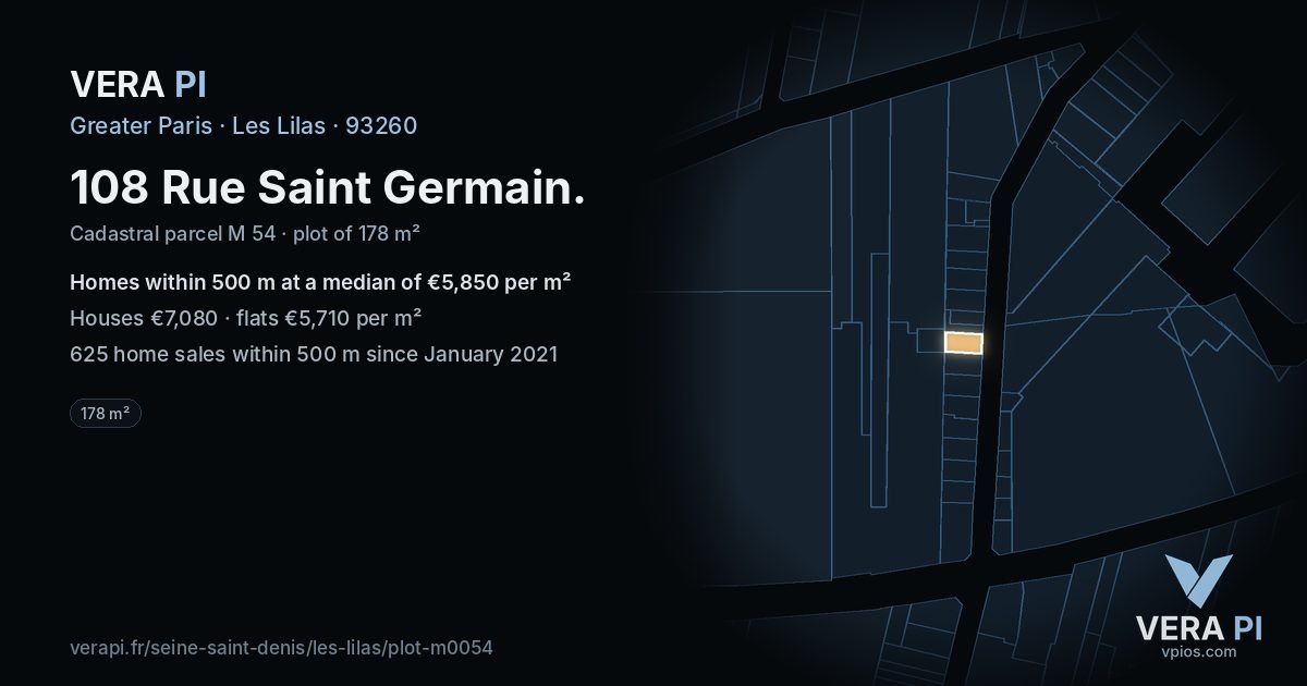 108 Rue Saint Germain, Les Lilas at night – the plot lit, the parcels around coloured by the prices near them