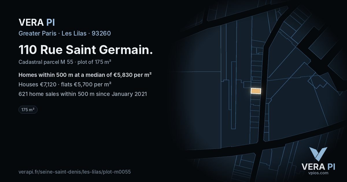 110 Rue Saint Germain, Les Lilas at night – the plot lit, the parcels around coloured by the prices near them
