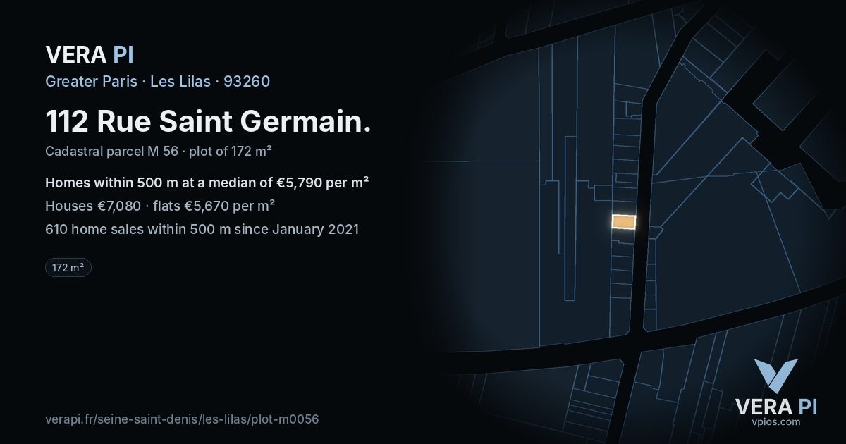 112 Rue Saint Germain, Les Lilas at night – the plot lit, the parcels around coloured by the prices near them