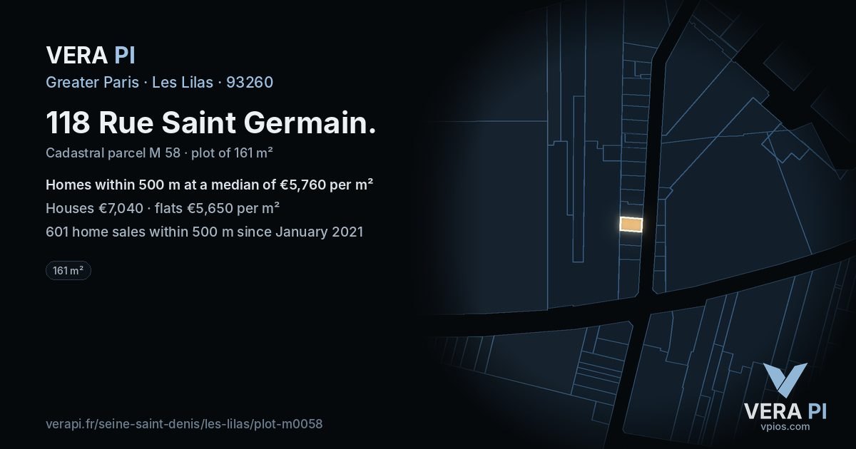 118 Rue Saint Germain, Les Lilas at night – the plot lit, the parcels around coloured by the prices near them