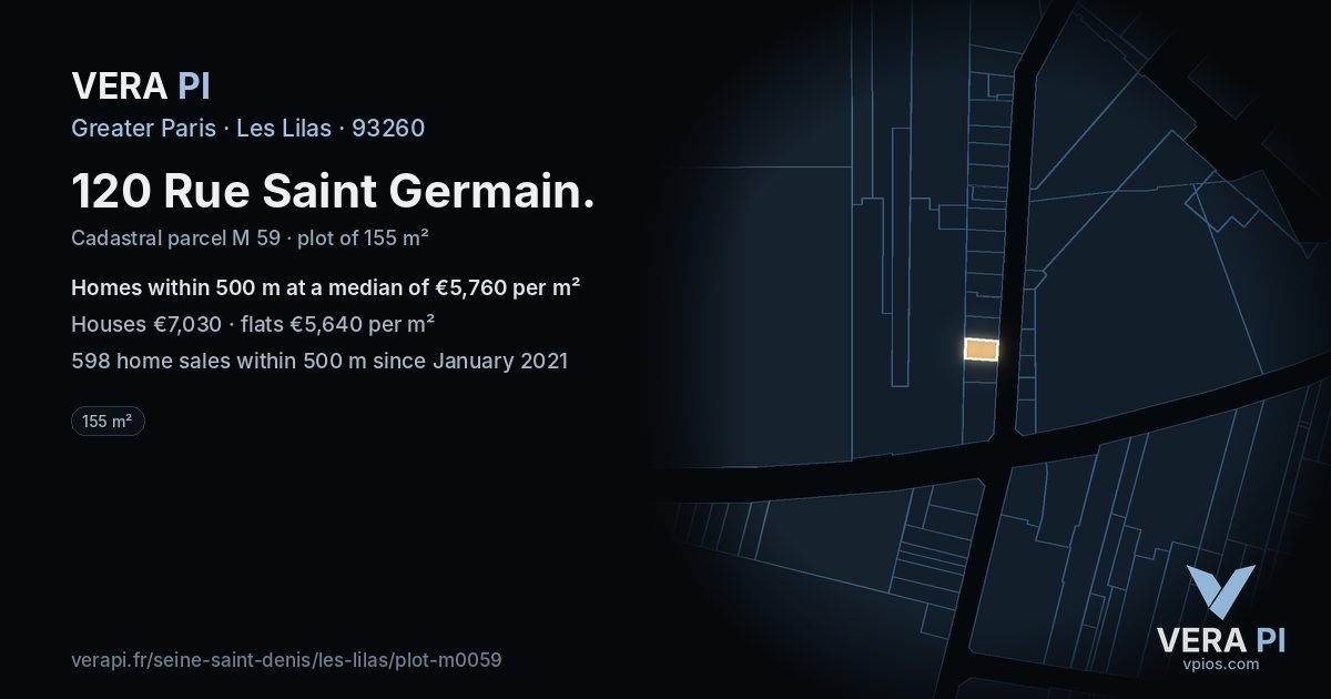 120 Rue Saint Germain, Les Lilas at night – the plot lit, the parcels around coloured by the prices near them
