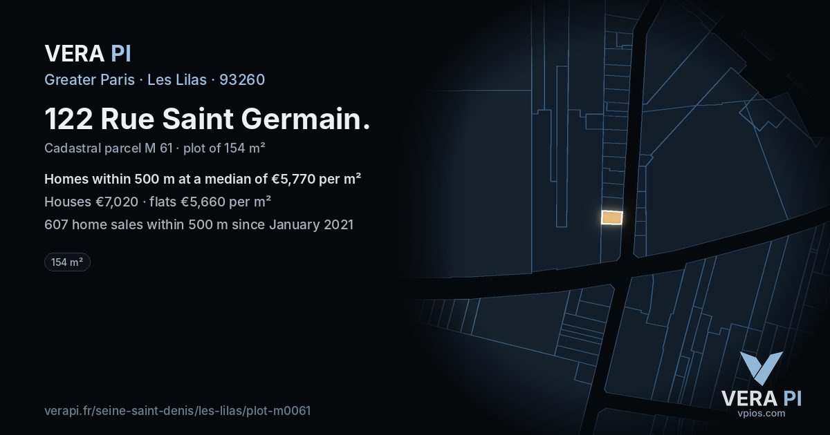 122 Rue Saint Germain, Les Lilas at night – the plot lit, the parcels around coloured by the prices near them