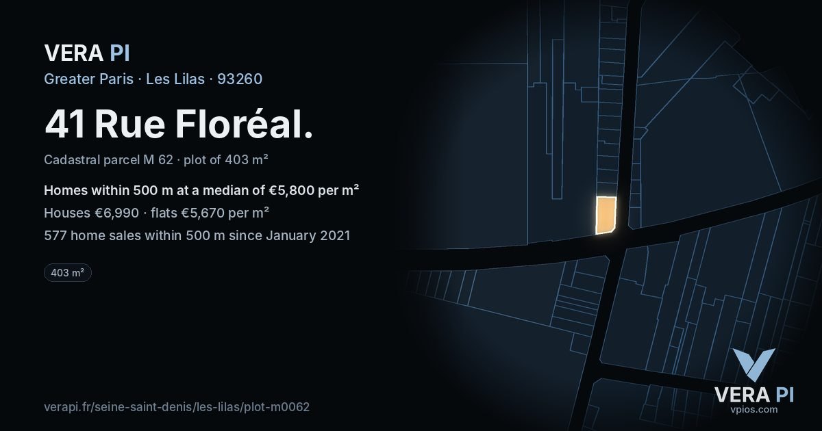 41 Rue Floréal, Les Lilas at night – the plot lit, the parcels around coloured by the prices near them