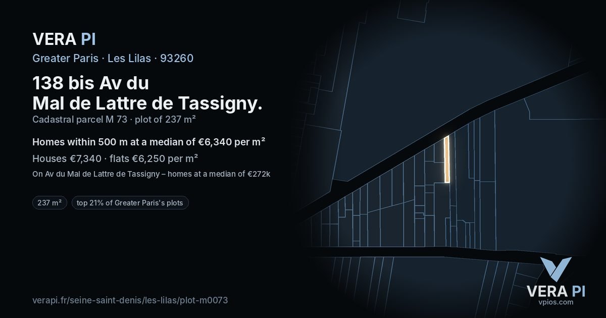 138 bis Av du Mal de Lattre de Tassigny, Les Lilas at night – the plot lit, the parcels around coloured by the prices near them