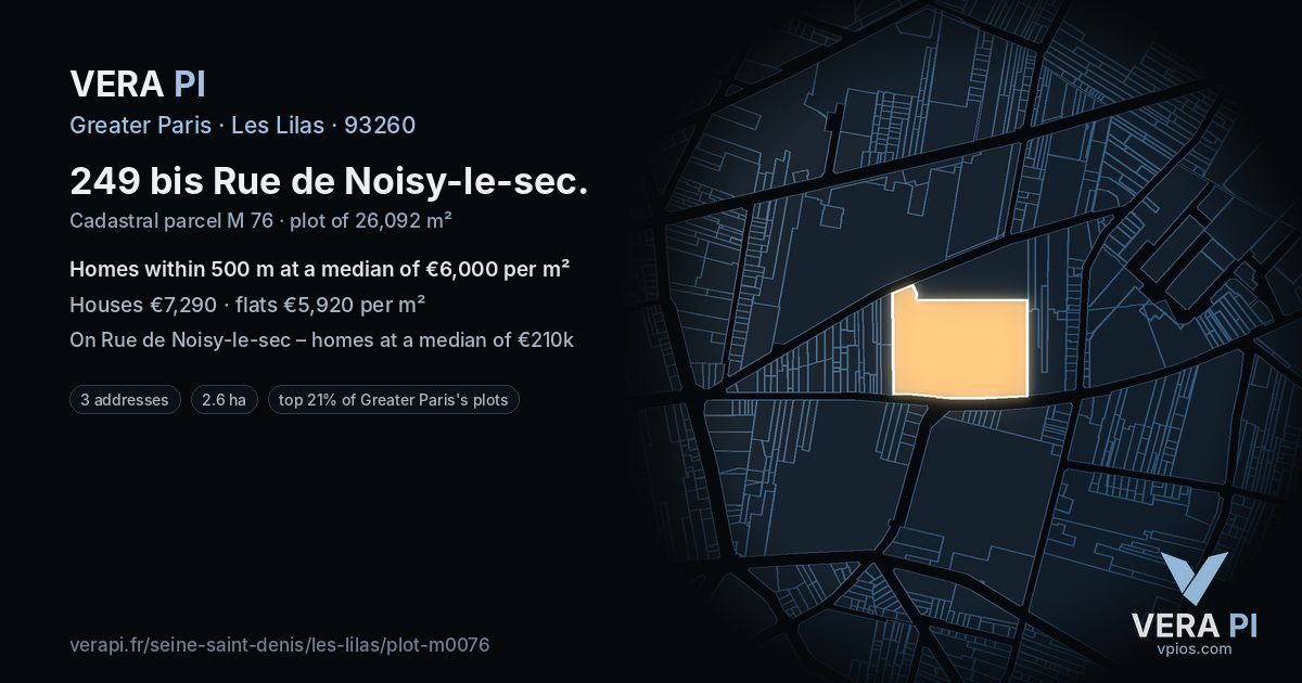 249 bis Rue de Noisy-le-sec, Les Lilas at night – the plot lit, the parcels around coloured by the prices near them